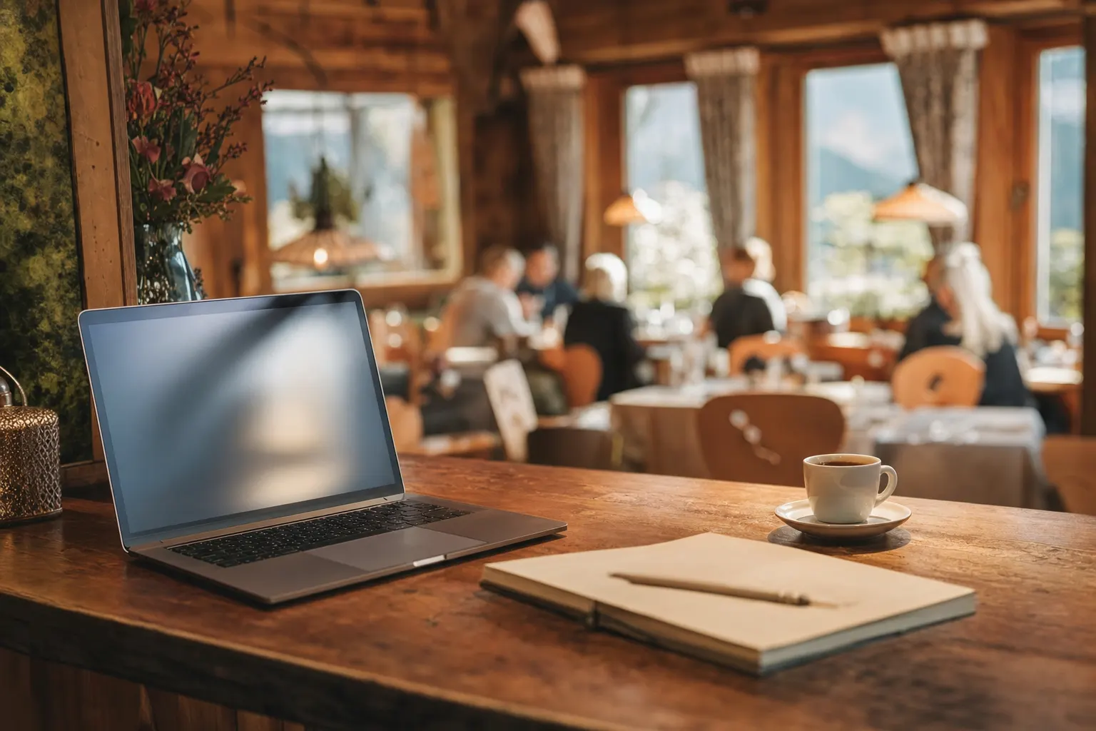 Laptop und Notizbuch auf der Theke eines kleinen Restaurants, Gastraum im Hintergrund