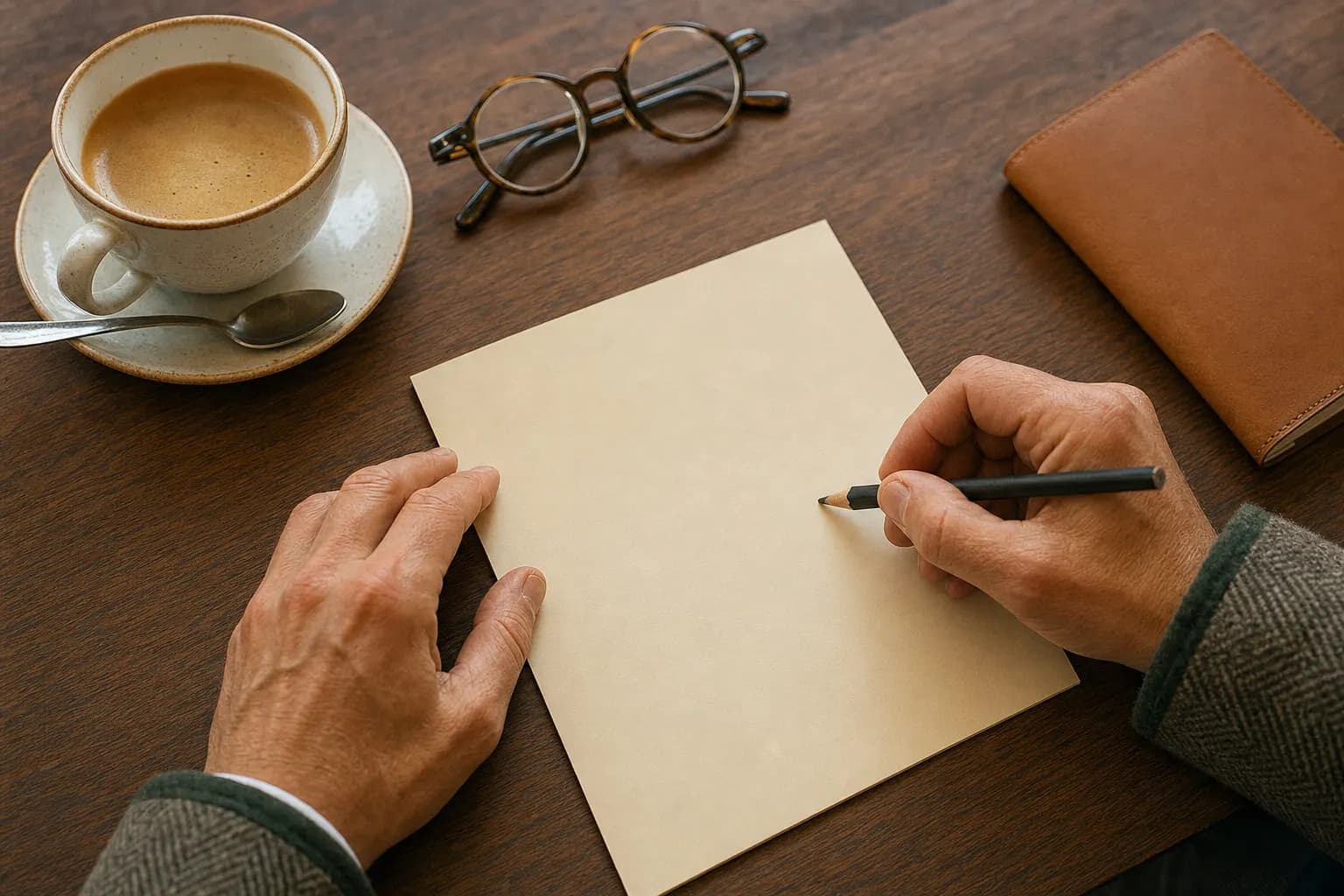 Hände mit Bleistift über einer leeren Kartenvorlage, daneben Espresso, Brille und Notizbuch