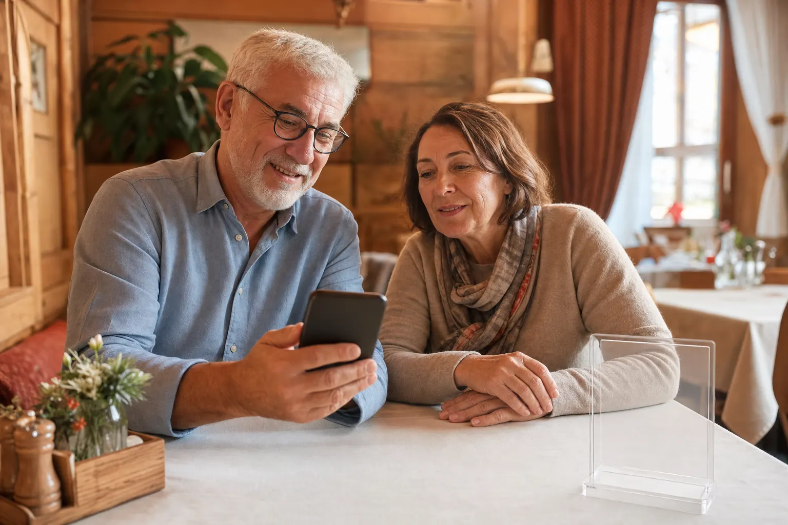 Zwei ältere Gäste am Restauranttisch, eine Person hält entspannt ein Smartphone