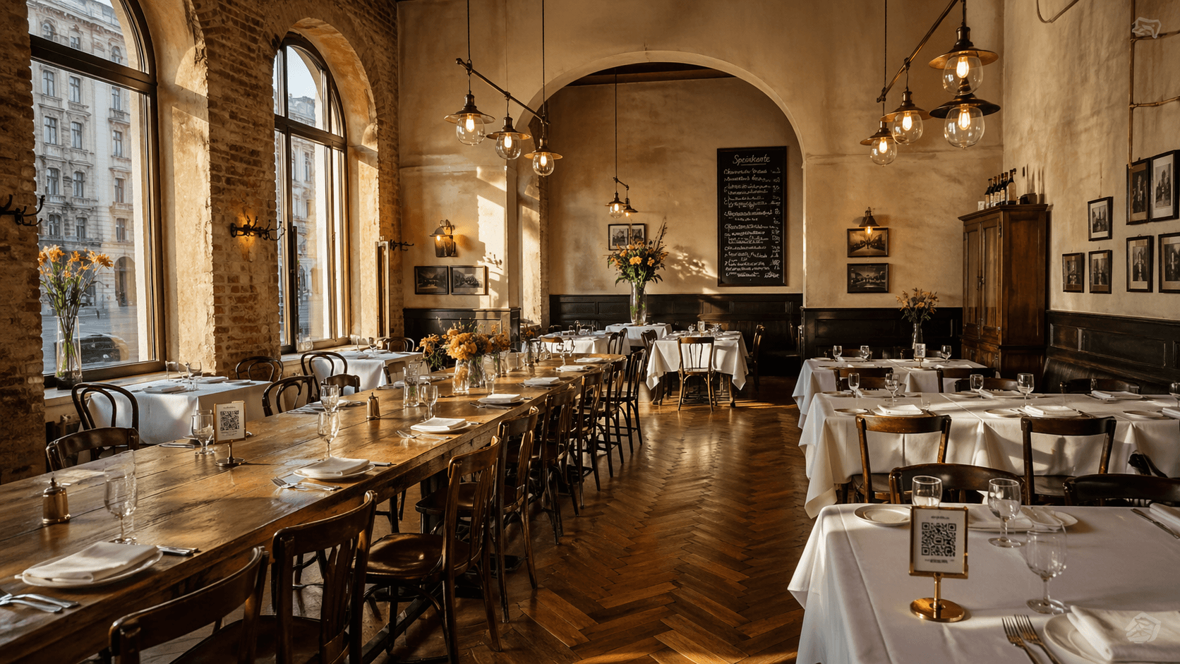 Restaurant-Interior mit ARMAUT QR-Code-Tischaufstellern