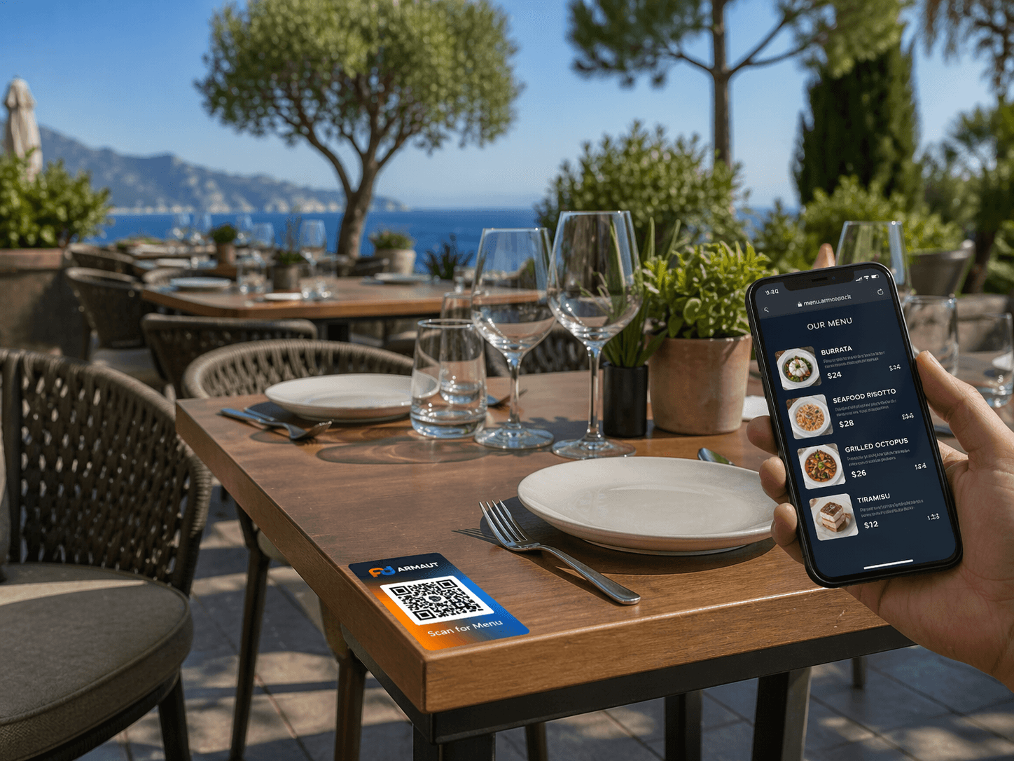 ARMAUT QR-Aufkleber und digitale Speisekarte auf einer luxuriösen Terrasse