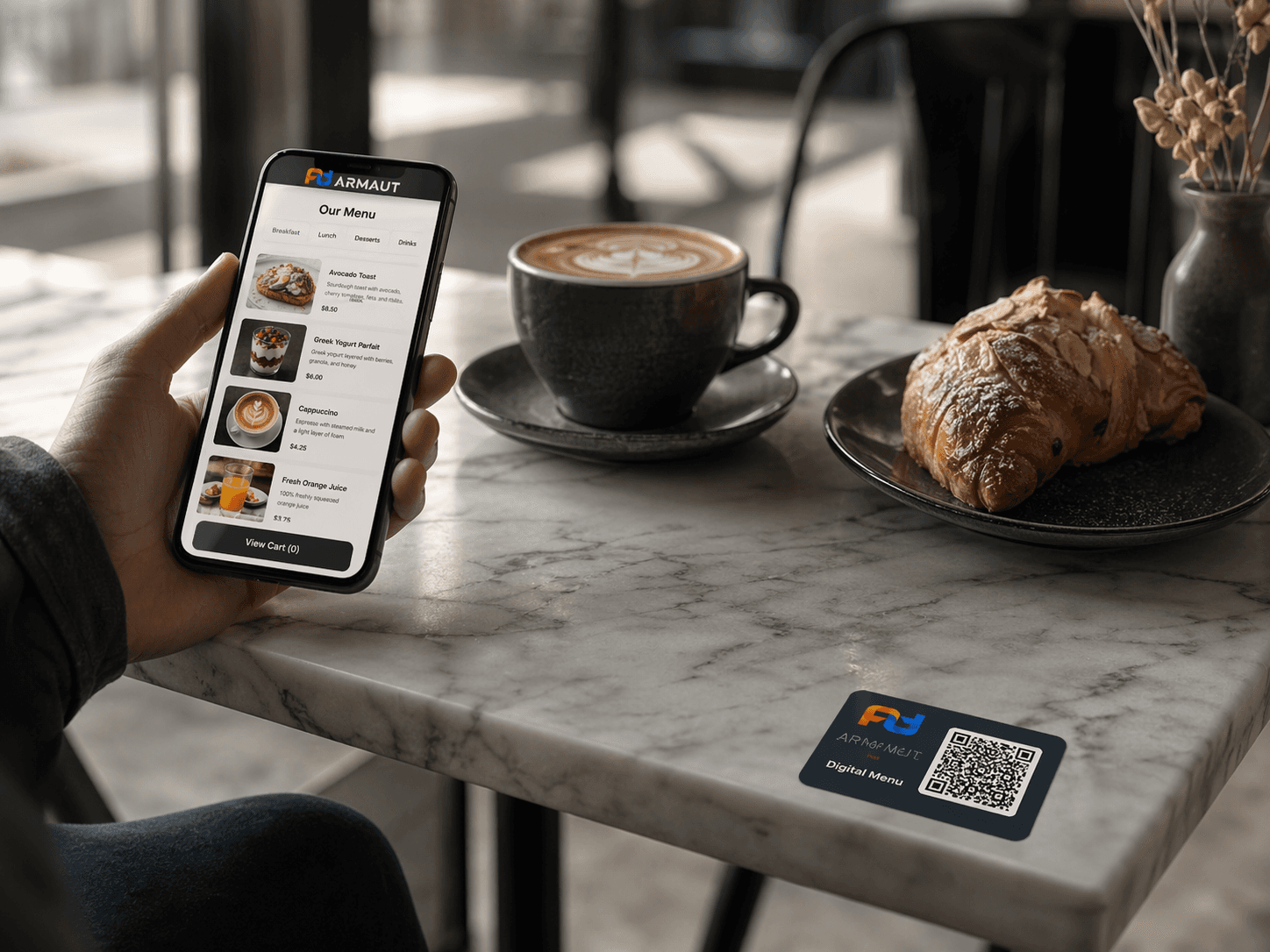 ARMAUT QR-Aufkleber am Café-Tisch, digitale Speisekarte auf dem Smartphone